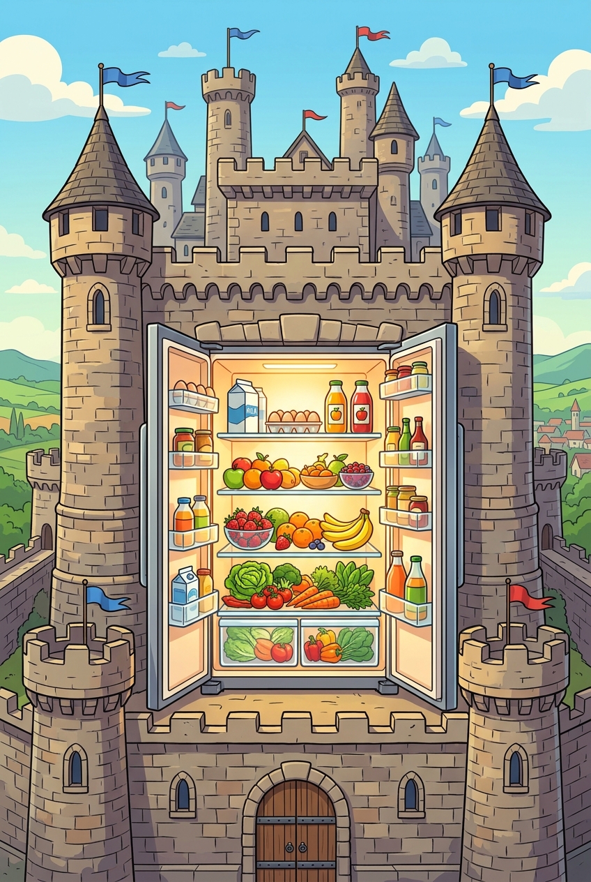 Food fortress: a castle guarding a fridge full of fresh food